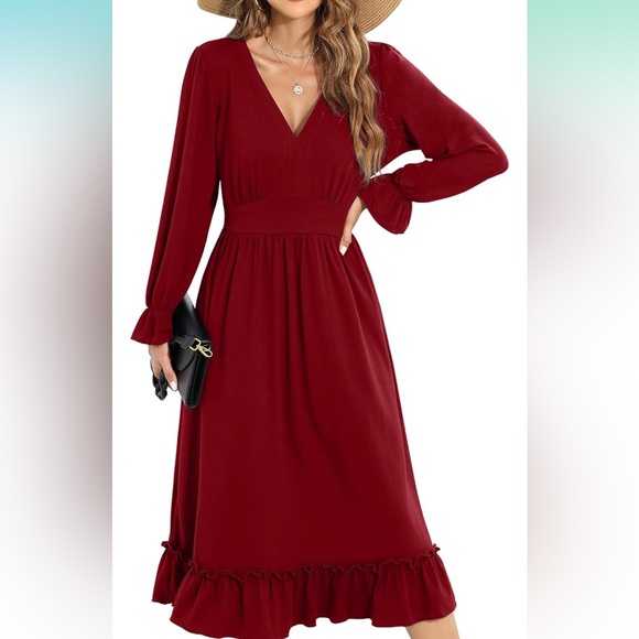 Dresses & Skirts - Women's Long Sleeve Midi Dress in Wine Red